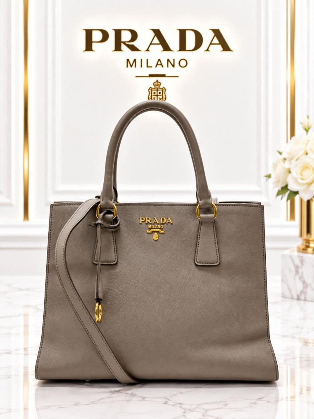 Authentic Prada Galleria Saffiano Leather Tote Taupe Convertible Shoulder Bag